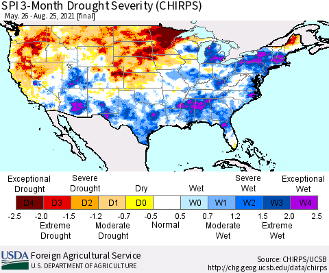 United States SPI 3-Month Drought Severity (CHIRPS) Thematic Map For 5/26/2021 - 8/25/2021