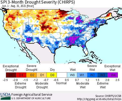 United States SPI 3-Month Drought Severity (CHIRPS) Thematic Map For 6/1/2021 - 8/31/2021