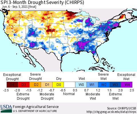 United States SPI 3-Month Drought Severity (CHIRPS) Thematic Map For 6/6/2021 - 9/5/2021