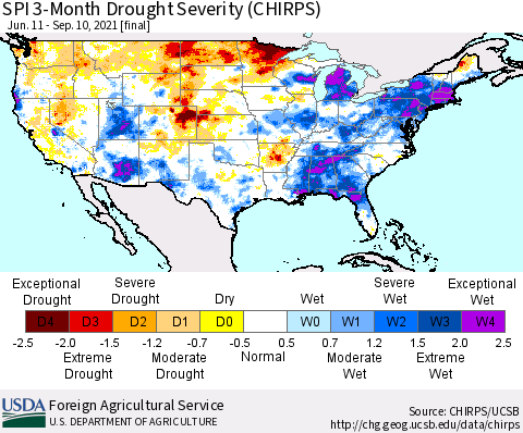 United States SPI 3-Month Drought Severity (CHIRPS) Thematic Map For 6/11/2021 - 9/10/2021