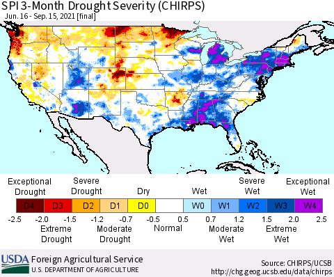 United States SPI 3-Month Drought Severity (CHIRPS) Thematic Map For 6/16/2021 - 9/15/2021