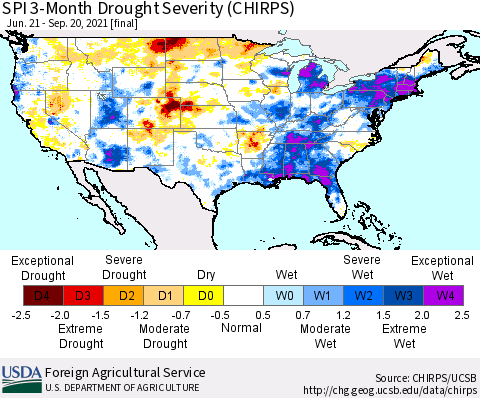 United States SPI 3-Month Drought Severity (CHIRPS) Thematic Map For 6/21/2021 - 9/20/2021