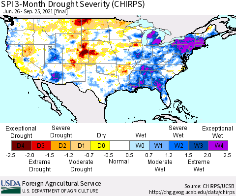 United States SPI 3-Month Drought Severity (CHIRPS) Thematic Map For 6/26/2021 - 9/25/2021