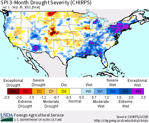 United States SPI 3-Month Drought Severity (CHIRPS) Thematic Map For 7/1/2021 - 9/30/2021