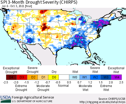 United States SPI 3-Month Drought Severity (CHIRPS) Thematic Map For 7/6/2021 - 10/5/2021