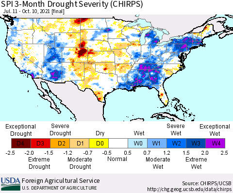 United States SPI 3-Month Drought Severity (CHIRPS) Thematic Map For 7/11/2021 - 10/10/2021