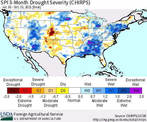 United States SPI 3-Month Drought Severity (CHIRPS) Thematic Map For 7/16/2021 - 10/15/2021