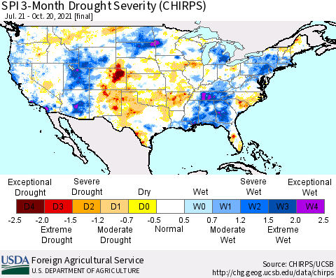 United States SPI 3-Month Drought Severity (CHIRPS) Thematic Map For 7/21/2021 - 10/20/2021