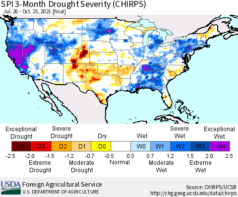United States SPI 3-Month Drought Severity (CHIRPS) Thematic Map For 7/26/2021 - 10/25/2021