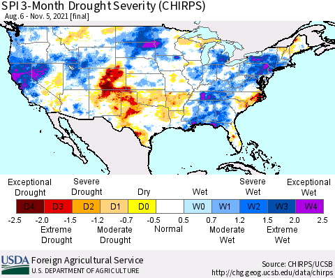 United States SPI 3-Month Drought Severity (CHIRPS) Thematic Map For 8/6/2021 - 11/5/2021