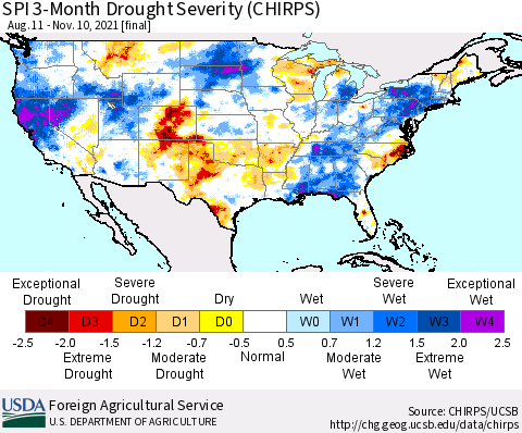 United States SPI 3-Month Drought Severity (CHIRPS) Thematic Map For 8/11/2021 - 11/10/2021