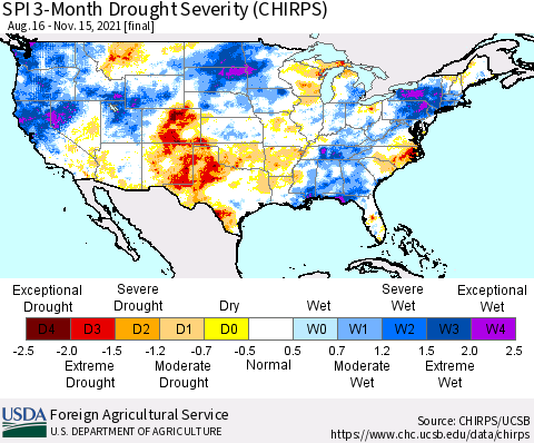 United States SPI 3-Month Drought Severity (CHIRPS) Thematic Map For 8/16/2021 - 11/15/2021
