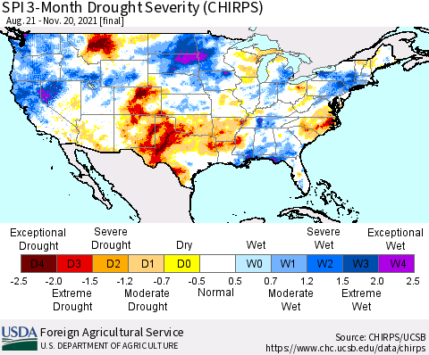 United States SPI 3-Month Drought Severity (CHIRPS) Thematic Map For 8/21/2021 - 11/20/2021