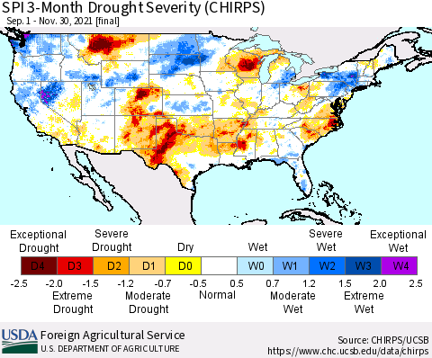 United States SPI 3-Month Drought Severity (CHIRPS) Thematic Map For 9/1/2021 - 11/30/2021