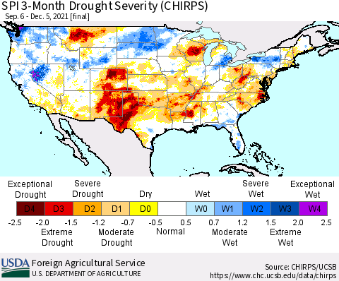 United States SPI 3-Month Drought Severity (CHIRPS) Thematic Map For 9/6/2021 - 12/5/2021
