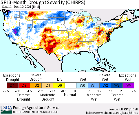 United States SPI 3-Month Drought Severity (CHIRPS) Thematic Map For 9/11/2021 - 12/10/2021