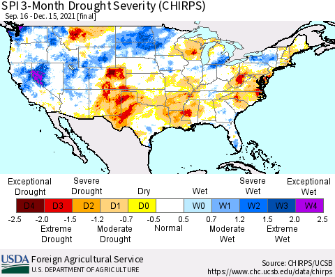 United States SPI 3-Month Drought Severity (CHIRPS) Thematic Map For 9/16/2021 - 12/15/2021