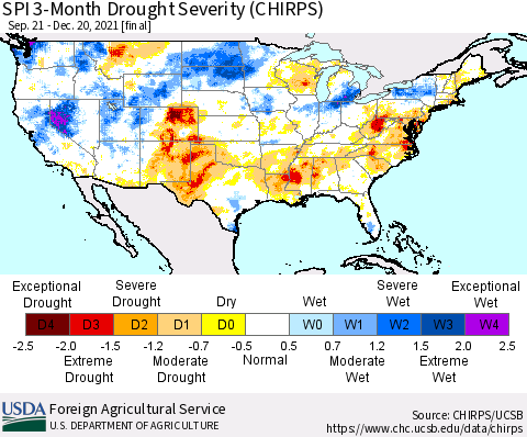 United States SPI 3-Month Drought Severity (CHIRPS) Thematic Map For 9/21/2021 - 12/20/2021