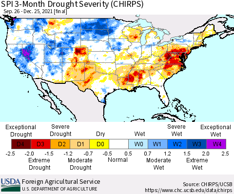 United States SPI 3-Month Drought Severity (CHIRPS) Thematic Map For 9/26/2021 - 12/25/2021
