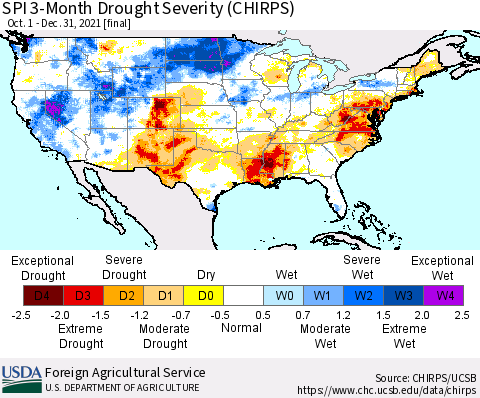 United States SPI 3-Month Drought Severity (CHIRPS) Thematic Map For 10/1/2021 - 12/31/2021