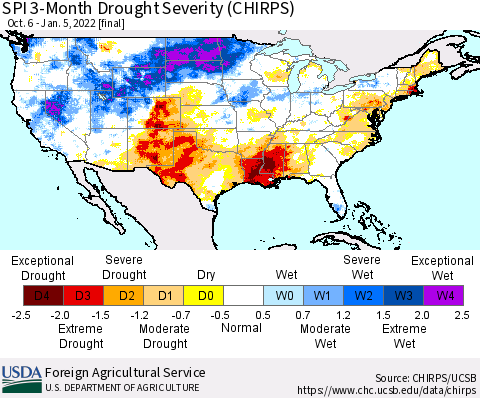 United States SPI 3-Month Drought Severity (CHIRPS) Thematic Map For 10/6/2021 - 1/5/2022