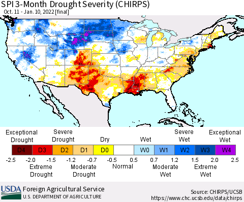 United States SPI 3-Month Drought Severity (CHIRPS) Thematic Map For 10/11/2021 - 1/10/2022