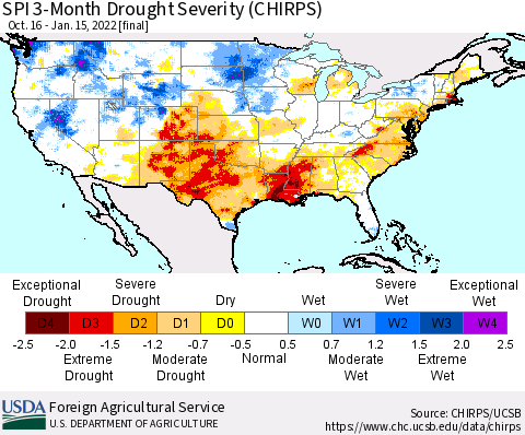 United States SPI 3-Month Drought Severity (CHIRPS) Thematic Map For 10/16/2021 - 1/15/2022