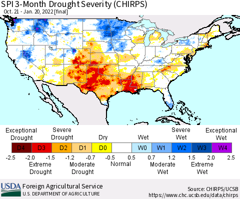 United States SPI 3-Month Drought Severity (CHIRPS) Thematic Map For 10/21/2021 - 1/20/2022
