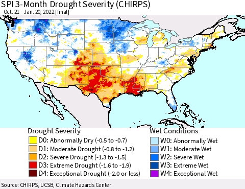 United States SPI 3-Month Drought Severity (CHIRPS) Thematic Map For 10/21/2021 - 1/20/2022