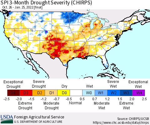 United States SPI 3-Month Drought Severity (CHIRPS) Thematic Map For 10/26/2021 - 1/25/2022