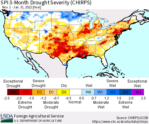 United States SPI 3-Month Drought Severity (CHIRPS) Thematic Map For 11/1/2021 - 1/31/2022