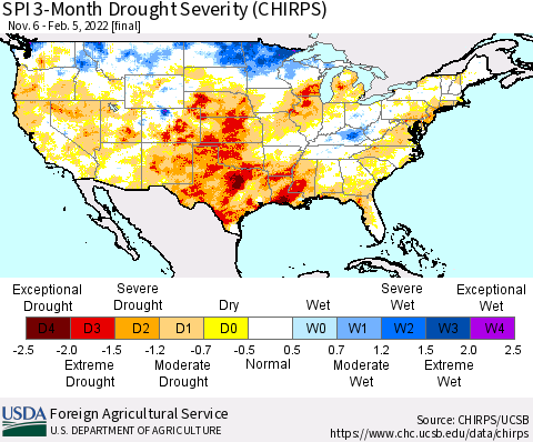 United States SPI 3-Month Drought Severity (CHIRPS) Thematic Map For 11/6/2021 - 2/5/2022