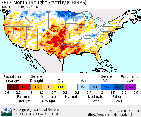 United States SPI 3-Month Drought Severity (CHIRPS) Thematic Map For 11/11/2021 - 2/10/2022