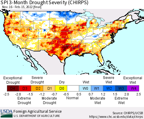 United States SPI 3-Month Drought Severity (CHIRPS) Thematic Map For 11/16/2021 - 2/15/2022
