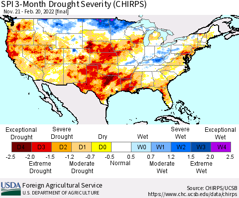 United States SPI 3-Month Drought Severity (CHIRPS) Thematic Map For 11/21/2021 - 2/20/2022