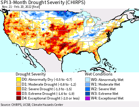 United States SPI 3-Month Drought Severity (CHIRPS) Thematic Map For 11/21/2021 - 2/20/2022