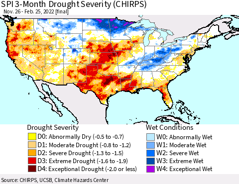 United States SPI 3-Month Drought Severity (CHIRPS) Thematic Map For 11/26/2021 - 2/25/2022