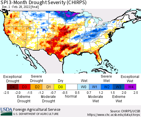 United States SPI 3-Month Drought Severity (CHIRPS) Thematic Map For 12/1/2021 - 2/28/2022