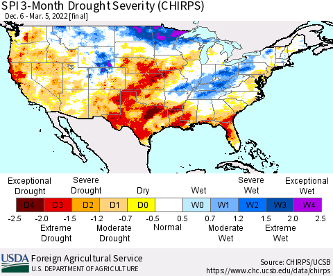 United States SPI 3-Month Drought Severity (CHIRPS) Thematic Map For 12/6/2021 - 3/5/2022