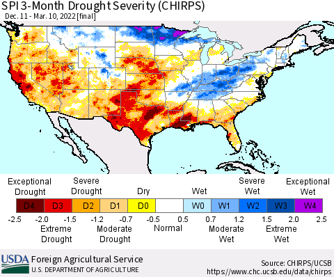 United States SPI 3-Month Drought Severity (CHIRPS) Thematic Map For 12/11/2021 - 3/10/2022