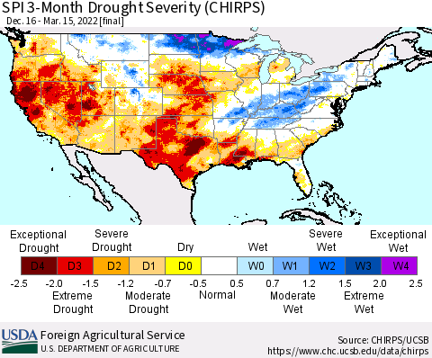 United States SPI 3-Month Drought Severity (CHIRPS) Thematic Map For 12/16/2021 - 3/15/2022