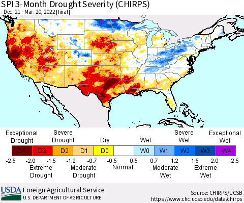 United States SPI 3-Month Drought Severity (CHIRPS) Thematic Map For 12/21/2021 - 3/20/2022