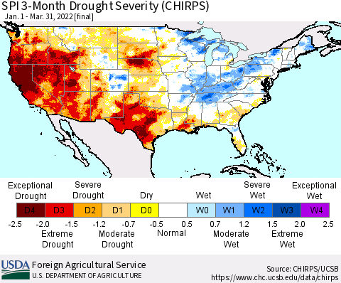 United States SPI 3-Month Drought Severity (CHIRPS) Thematic Map For 1/1/2022 - 3/31/2022