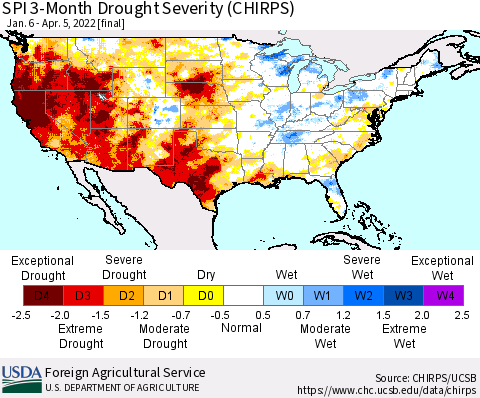United States SPI 3-Month Drought Severity (CHIRPS) Thematic Map For 1/6/2022 - 4/5/2022