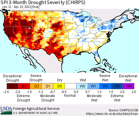 United States SPI 3-Month Drought Severity (CHIRPS) Thematic Map For 1/11/2022 - 4/10/2022