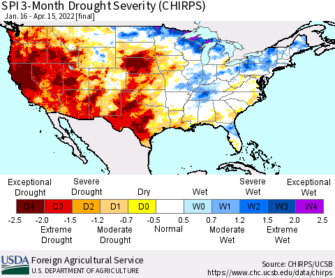 United States SPI 3-Month Drought Severity (CHIRPS) Thematic Map For 1/16/2022 - 4/15/2022