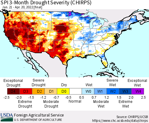 United States SPI 3-Month Drought Severity (CHIRPS) Thematic Map For 1/21/2022 - 4/20/2022