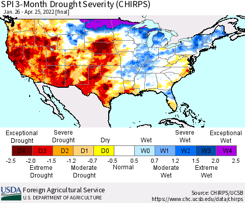 United States SPI 3-Month Drought Severity (CHIRPS) Thematic Map For 1/26/2022 - 4/25/2022