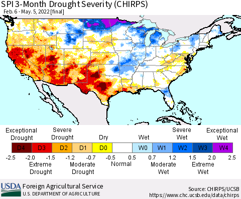 United States SPI 3-Month Drought Severity (CHIRPS) Thematic Map For 2/6/2022 - 5/5/2022
