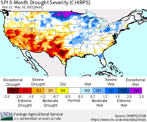 United States SPI 3-Month Drought Severity (CHIRPS) Thematic Map For 2/11/2022 - 5/10/2022